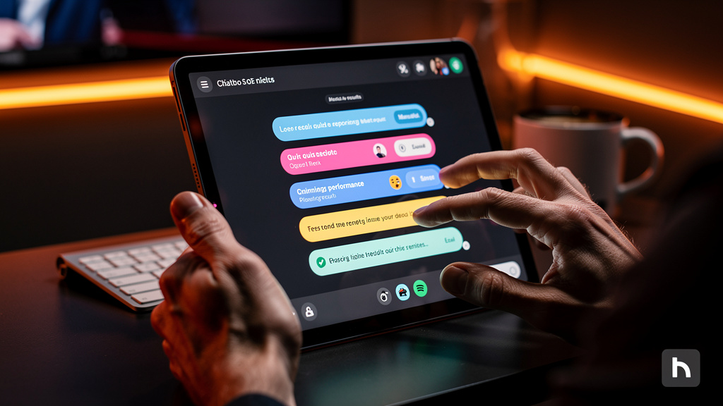 O que é Feedback Automático com IA e como aplicar? — Close-up das mãos de um colaborador digitando em um tablet durante um curso online. A tela do tablet exibe um chatbot educacional com o logo da Too