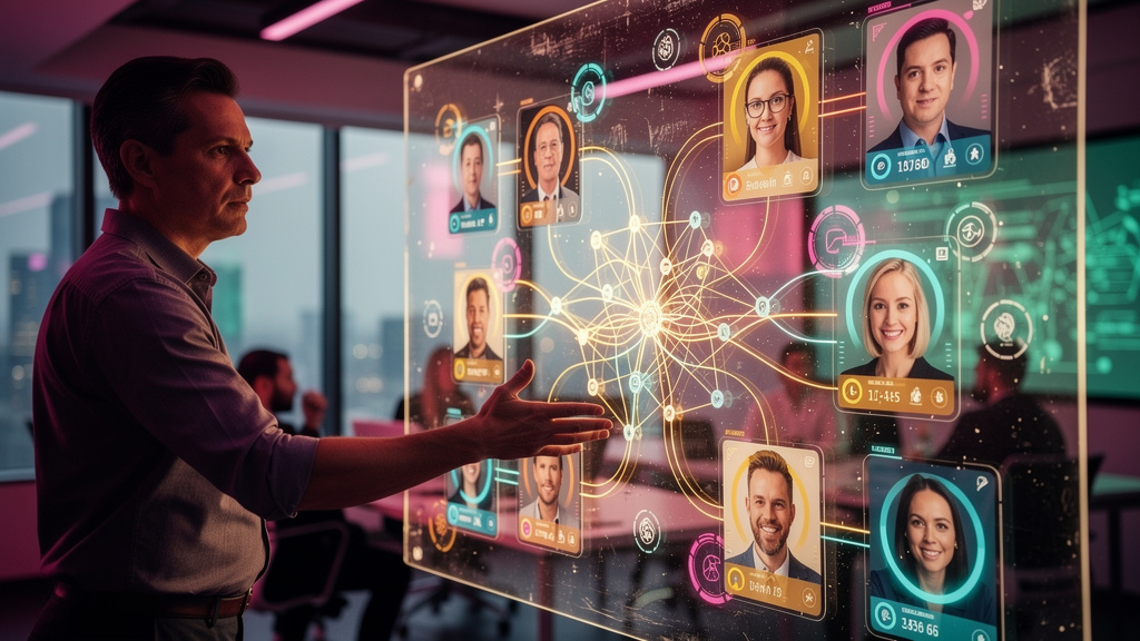 O que é Feedback Automático com IA e como aplicar? — Um instrutor de treinamento corporativo interagindo com um painel digital. No painel, um diagrama de rede neural se conecta a perfis de funcionário