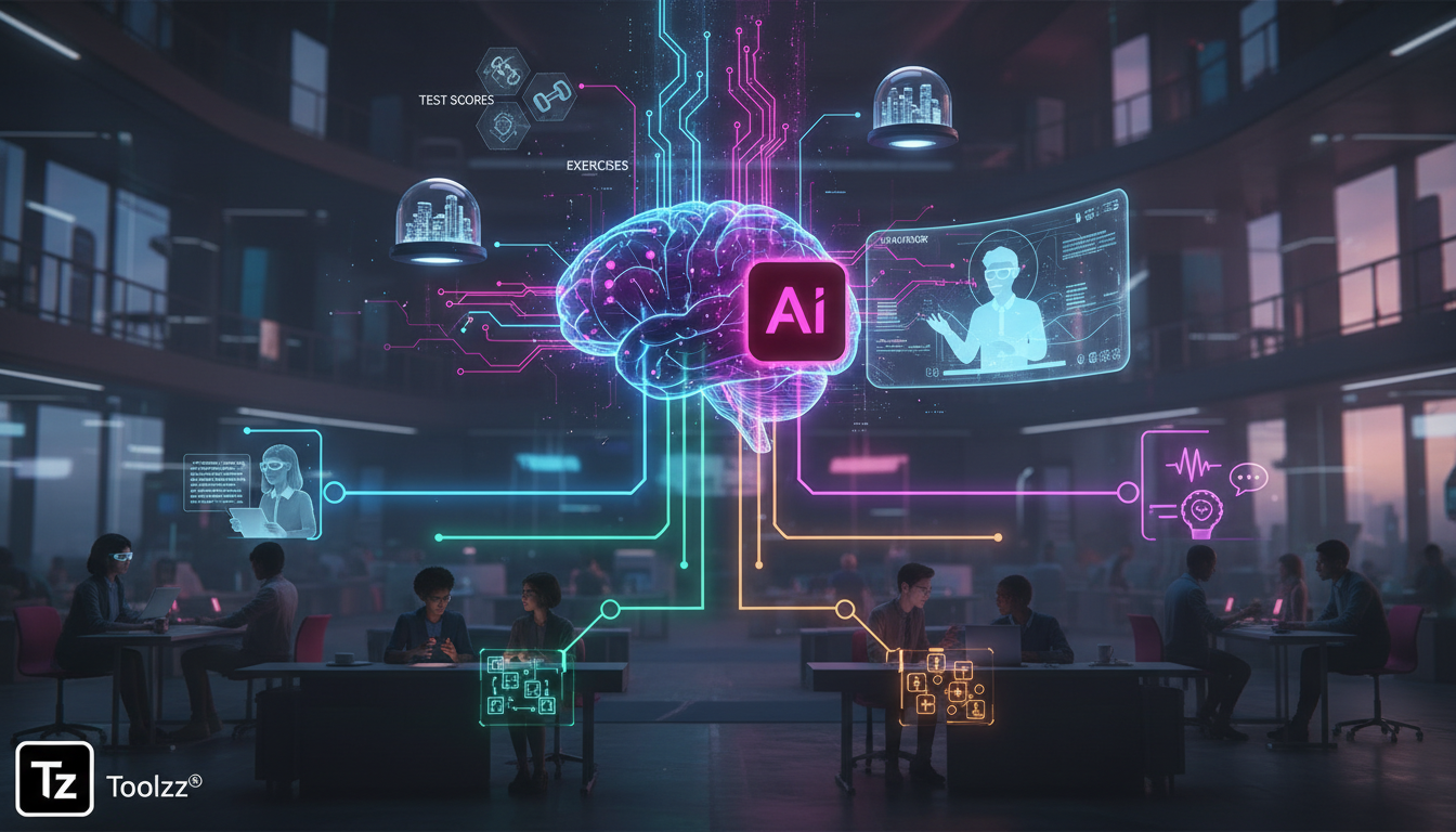 O que é Feedback Automático com IA e Como Aplicar na Educação Corporativa? — Um diagrama visual que mostra o fluxo de feedback automático com IA. No topo, dados de várias fontes (testes, exercícios, s