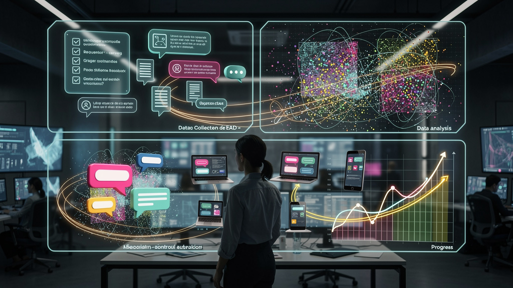 O que é Feedback Automático com IA e como aplicar no EAD? — Um diagrama visual que ilustra o ciclo de feedback automático com IA: Coleta de dados (ícones representando questionários, fóruns, avaliaçõe