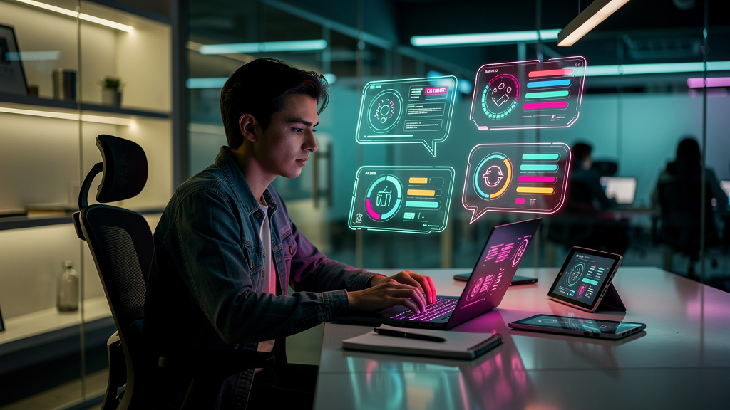 O que é Feedback Automático com IA na Educação Corporativa/EAD? — Ilustração digital mostrando um estudante utilizando um laptop em um ambiente de estudo moderno. Bolhas de diálogo surgem ao redor da 