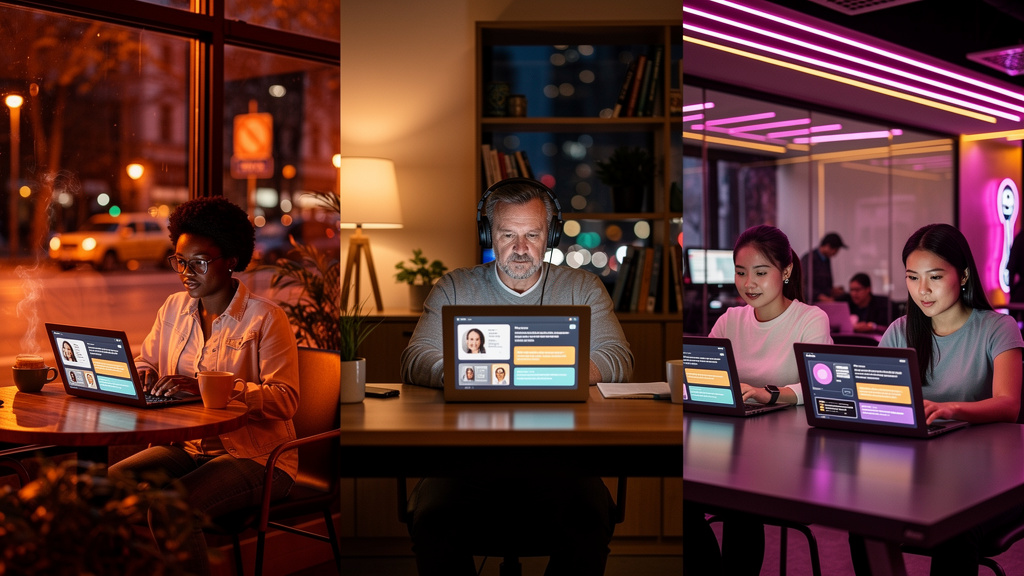 O que é Fórum de Discussão e como aplicar na Educação Corporativa — Um grupo diversificado de pessoas trabalhando remotamente em seus laptops, cada um em um local diferente (cafeteria, escritório em c