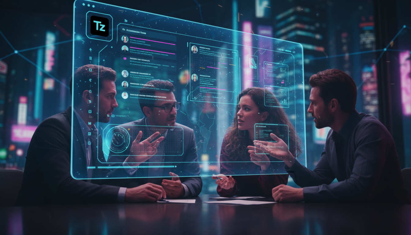 O que é Fórum de Discussão e como aplicar na Educação Corporativa — Um grupo diverso de profissionais reunidos em frente a um grande monitor exibindo a interface de um fórum de discussão corporativo. 