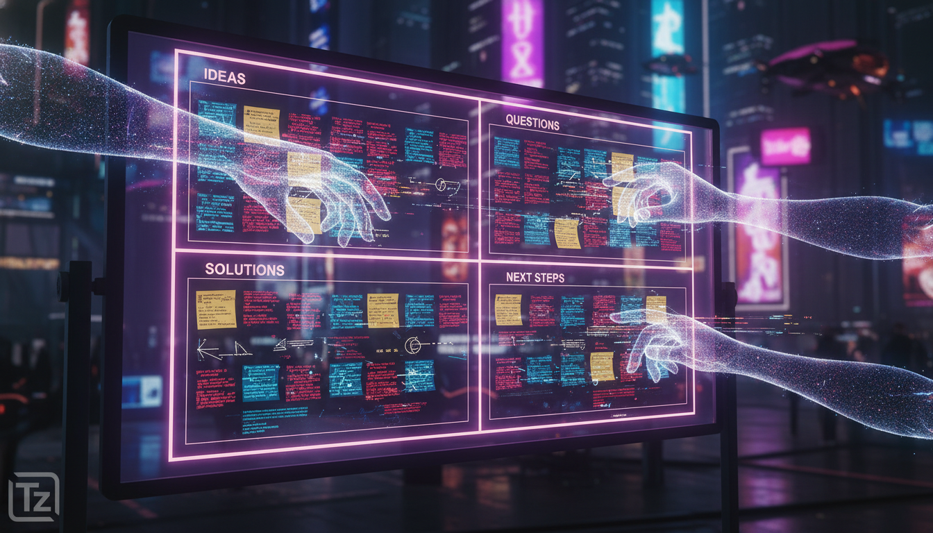 O que é Fórum de Discussão e como aplicar na Educação Corporativa? — Uma ilustração digital de um quadro branco virtual, dividido em seções como 'Ideias', 'Dúvidas', 'Soluções' e 'Próximos Passos'. Po