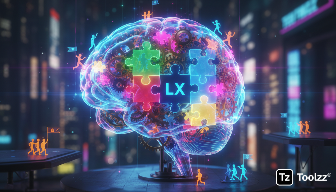 O que é Gamificação e como aplicar na Educação Corporativa — Ilustração de um cérebro humano estilizado, com engrenagens e peças de quebra-cabeça coloridas se encaixando. Pequenos avatares de funcioná