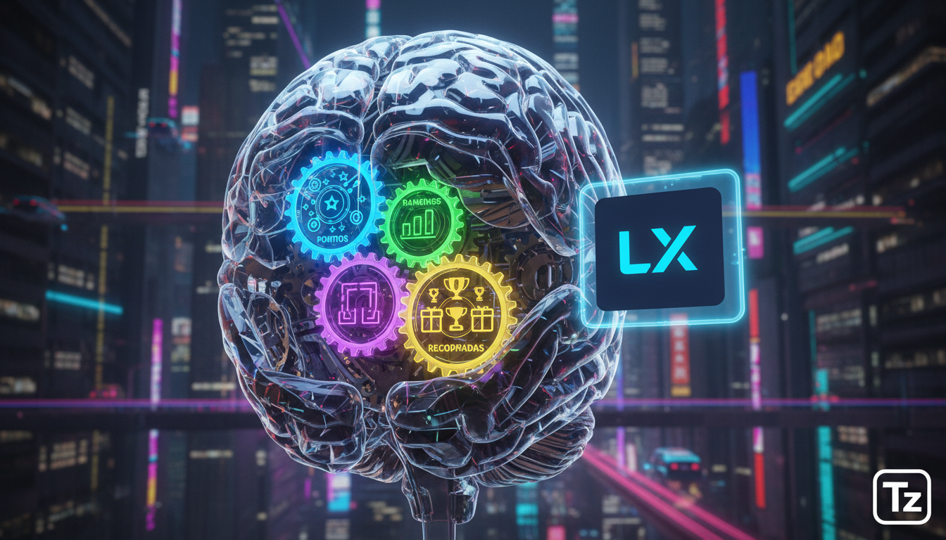 O que é Gamificação e como aplicar na Educação Corporativa? — Ilustração de um cérebro humano estilizado, com engrenagens coloridas girando em seu interior. Cada engrenagem representa um elemento da g