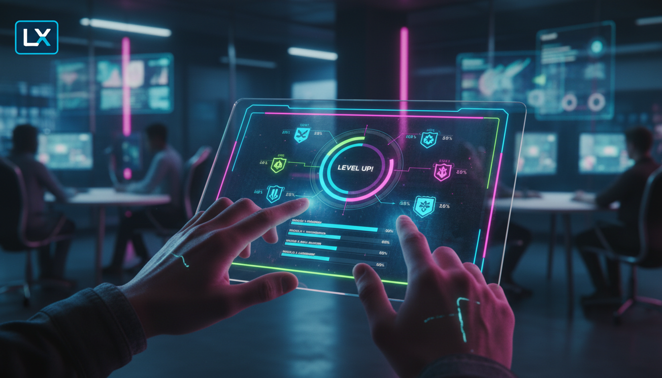 O que é Gamificação e como aplicar na Educação Corporativa/EAD? — Close-up de mãos tocando em um tablet. Na tela do tablet, uma interface de usuário gamificada da Toolzz LXP. A interface mostra elemen