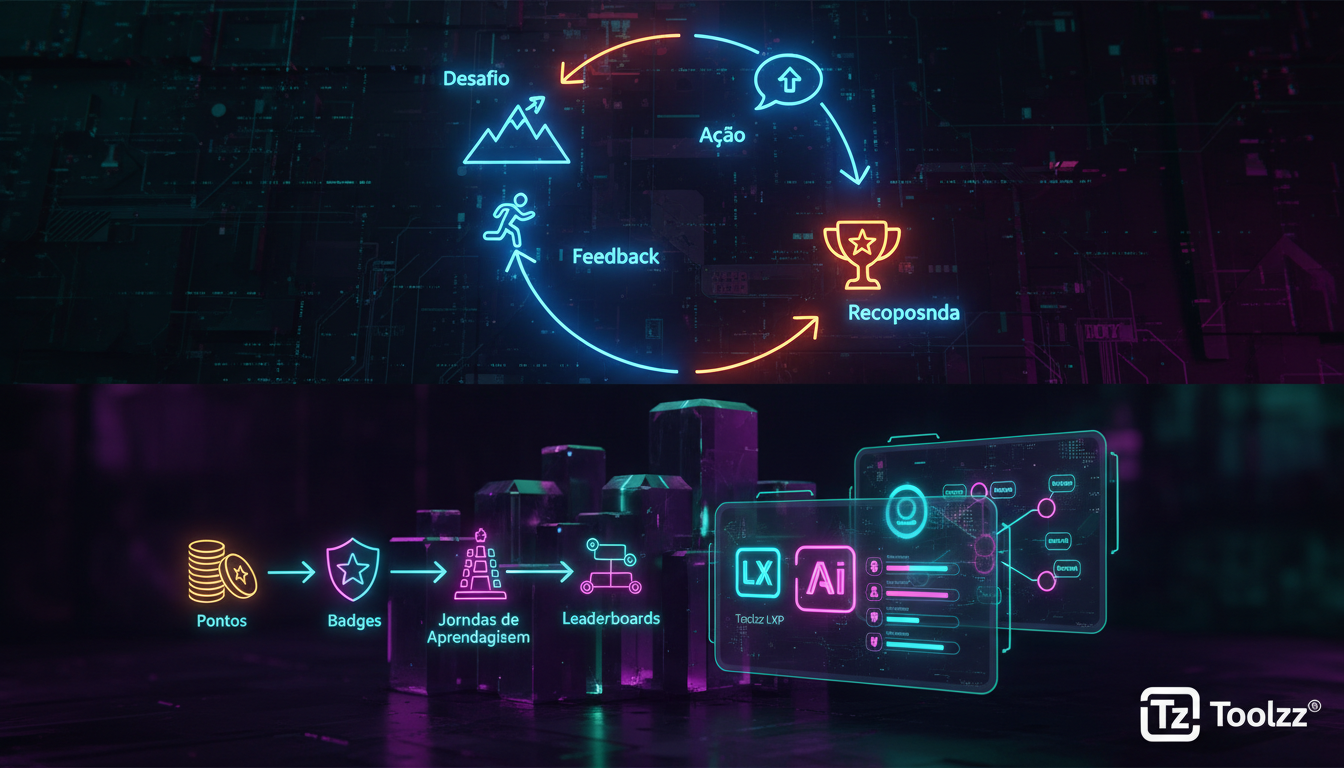 O que é Gamificação e como aplicar na Educação Corporativa/EAD? — Infográfico dividido em dois blocos (superior/inferior) para carrossel Instagram. Bloco superior: Diagrama visual mostrando um ciclo d