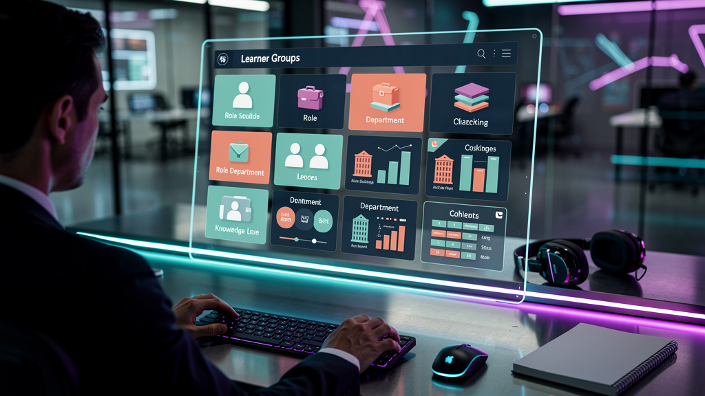 O que é Gestão de Turmas e como aplicar? — Ilustração isométrica de uma interface de usuário da Toolzz LXP mostrando a criação de turmas. A tela exibe campos para definir critérios como cargo, departa