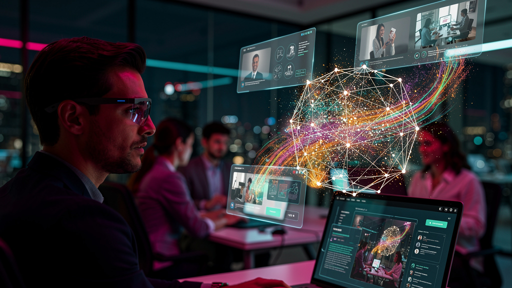 O que é IA Generativa e como aplicar na Educação Corporativa — Close-up de um modelo de linguagem de IA generativa sendo treinado. Visualização abstrata e colorida de dados fluindo através de redes ne