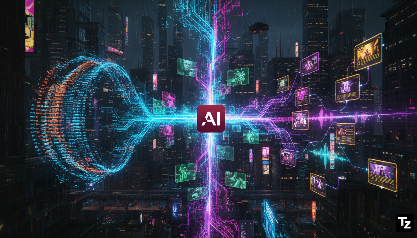 O que é IA Generativa e como aplicar na Educação Corporativa — Ilustração digital mostrando um algoritmo complexo se desdobrando em diversas formas de conteúdo: texto, imagem, áudio e vídeo. O logo da