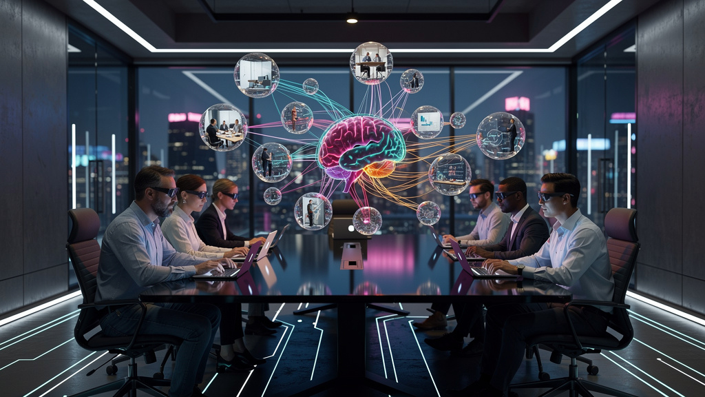 O que é IA Generativa e como aplicar na Educação Corporativa — Uma representação visual de uma rede neural complexa, com cada nó representando um conceito de aprendizado. A rede neural está interconec