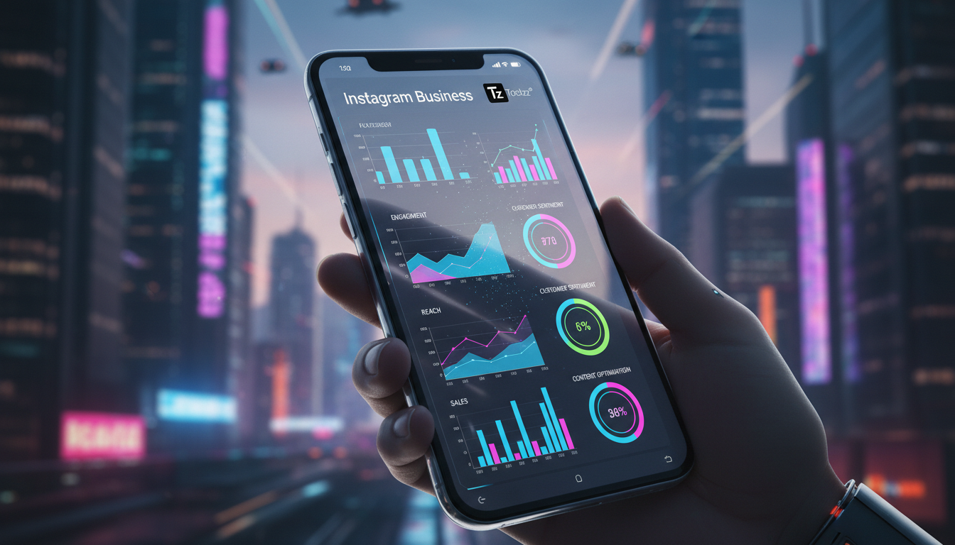 O que é IA para Instagram Business e qual seu impacto em 2024? — Close-up de uma tela de smartphone mostrando um painel de análise do Instagram Business. Gráficos de barras e linhas exibem dados de en