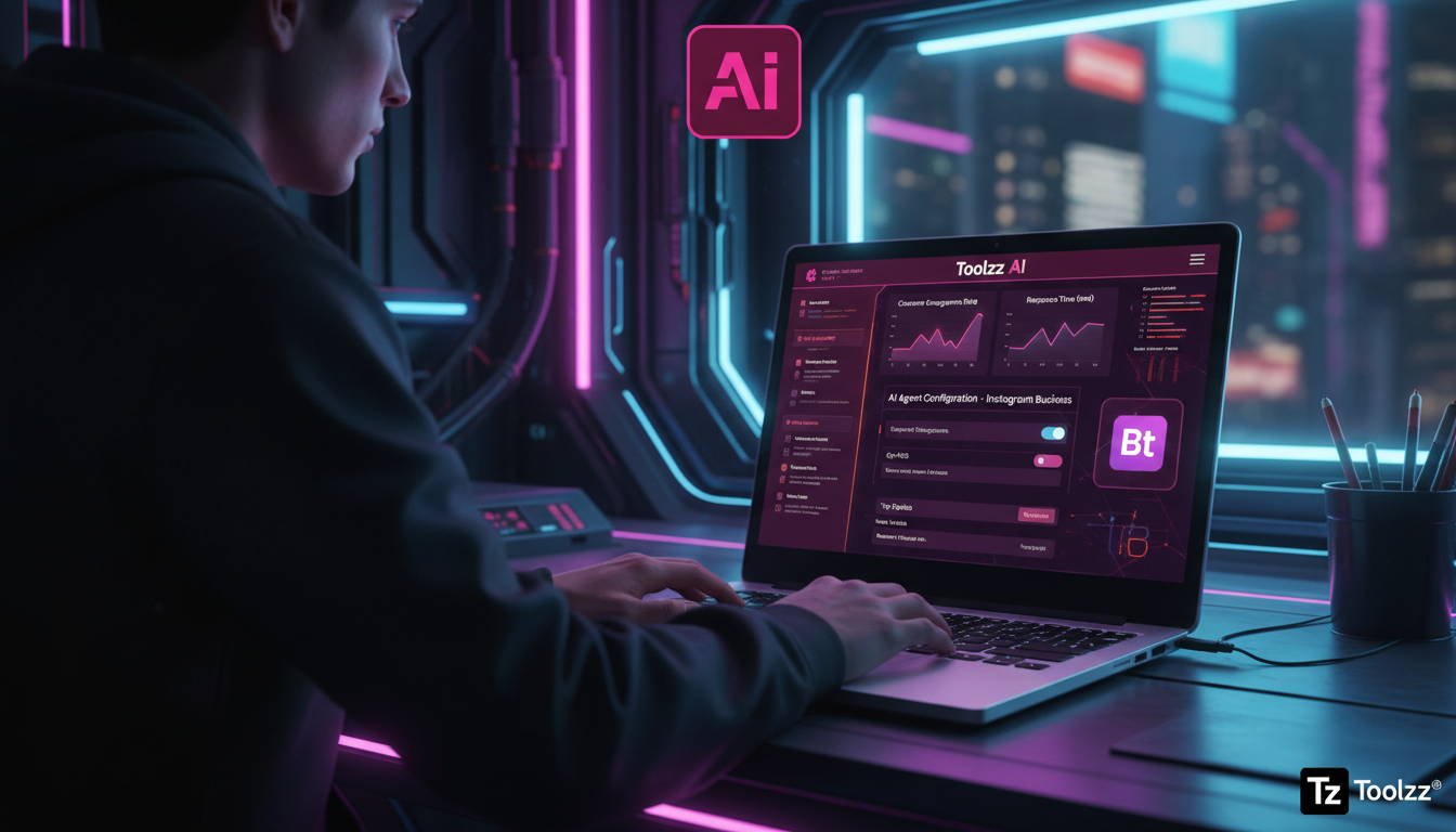 O que é IA para Instagram Business e qual seu impacto em Academias? — Uma pessoa digitando em um laptop com uma interface de painel de controle da Toolzz AI visível na tela, mostrando a configuração d