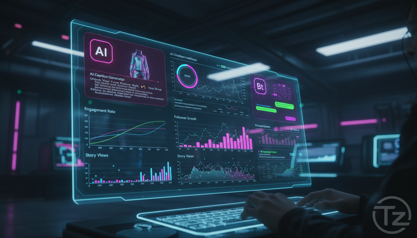 O que é IA para Instagram e qual seu impacto em 2024? — Um painel de controle de IA para Instagram exibindo diversos gráficos e métricas de engajamento. No canto superior esquerdo, um gerador de legen
