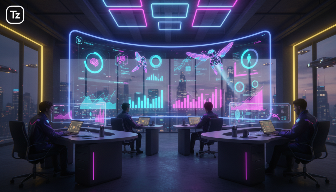 O que é IA para Instagram e qual seu impacto em vendas? — Um escritório moderno e iluminado, com uma equipe diversificada trabalhando em seus laptops. No centro, uma tela grande exibe um dashboard do 