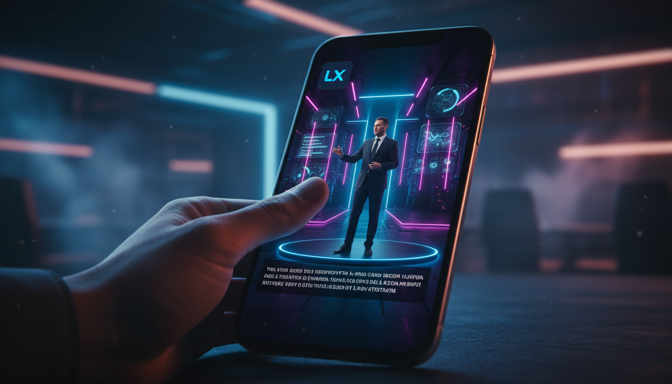 O que é Legendas Automáticas e como aplicar na Educação Corporativa/EAD — Close-up de um smartphone exibindo um vídeo de treinamento corporativo com legendas automáticas. O dedo de um usuário toca na 