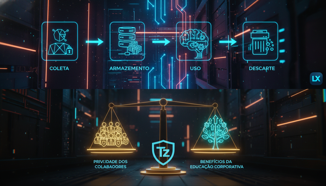 O que é LGPD Compliance e como aplicar na Educação Corporativa? — Infográfico dividido em duas partes (superior/inferior para carrossel). Parte superior: Um fluxograma visualmente atraente mostrando o