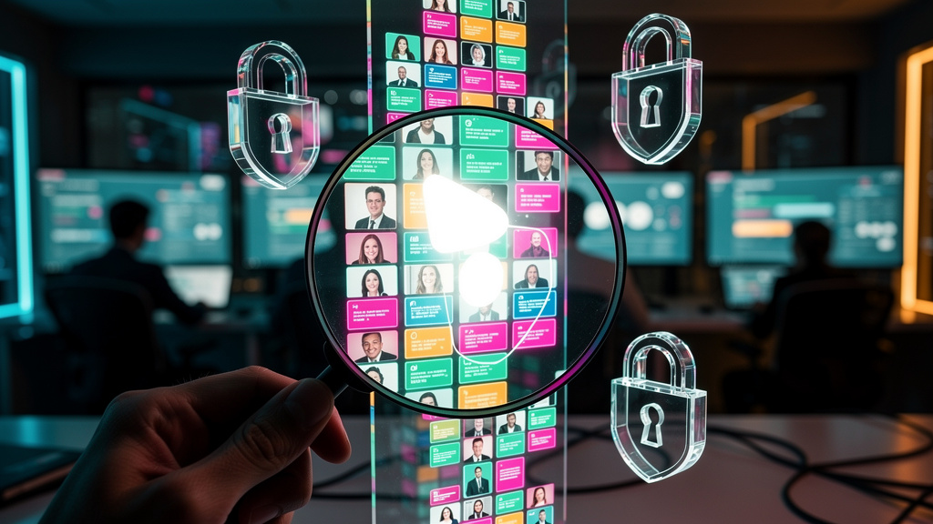 O que é LGPD Compliance e como aplicar na Educação Corporativa/EAD — Ilustração digital: Uma lupa estilizada ampliando um fluxo de dados coloridos que representam informações pessoais. Ao redor, ícone