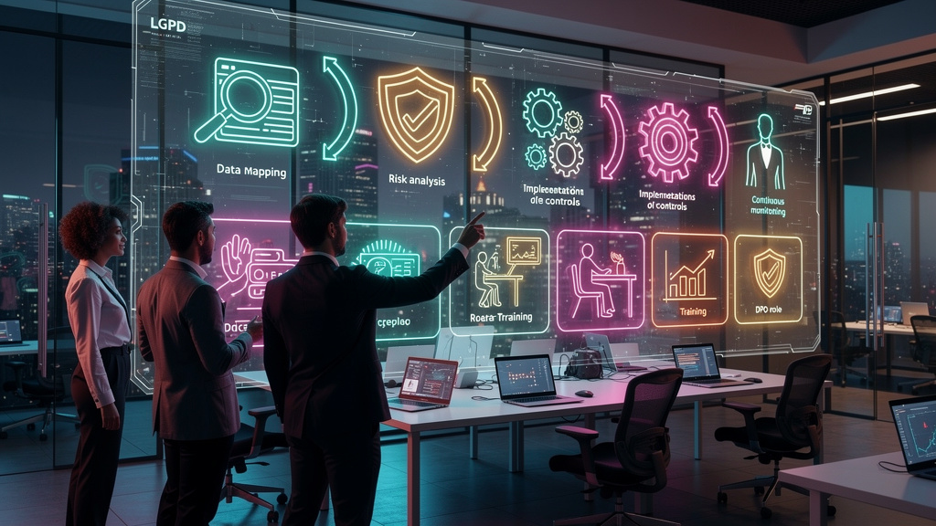 O que é LGPD Compliance e como aplicar na Educação Corporativa/EAD? — Infográfico dividido em dois blocos (superior/inferior) para carrossel Instagram. Bloco superior: Um fluxograma mostrando as etapa
