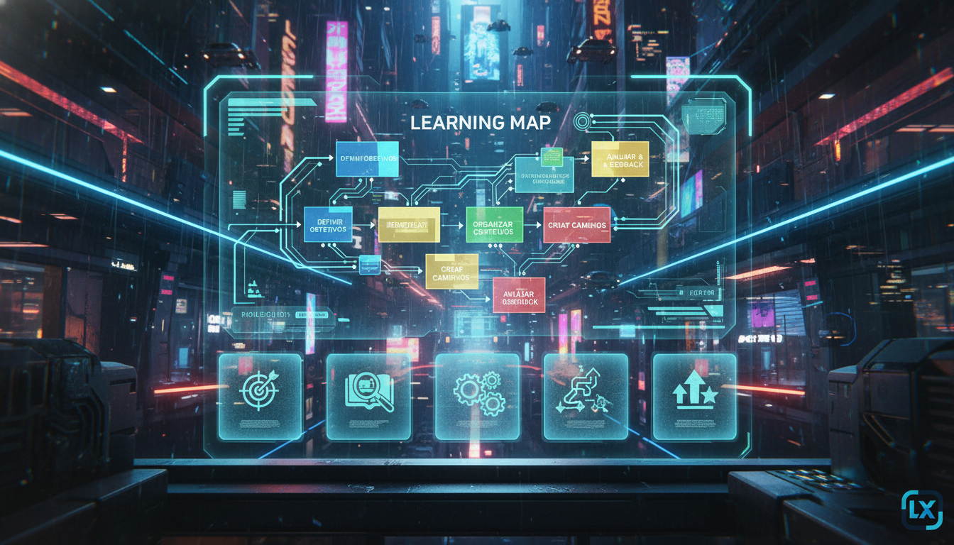 O que é Mapa de Aprendizado e como aplicar? — Infográfico em duas partes (superior/inferior para carrossel no Instagram). Parte superior: Fluxograma colorido e dinâmico representando as etapas de cria