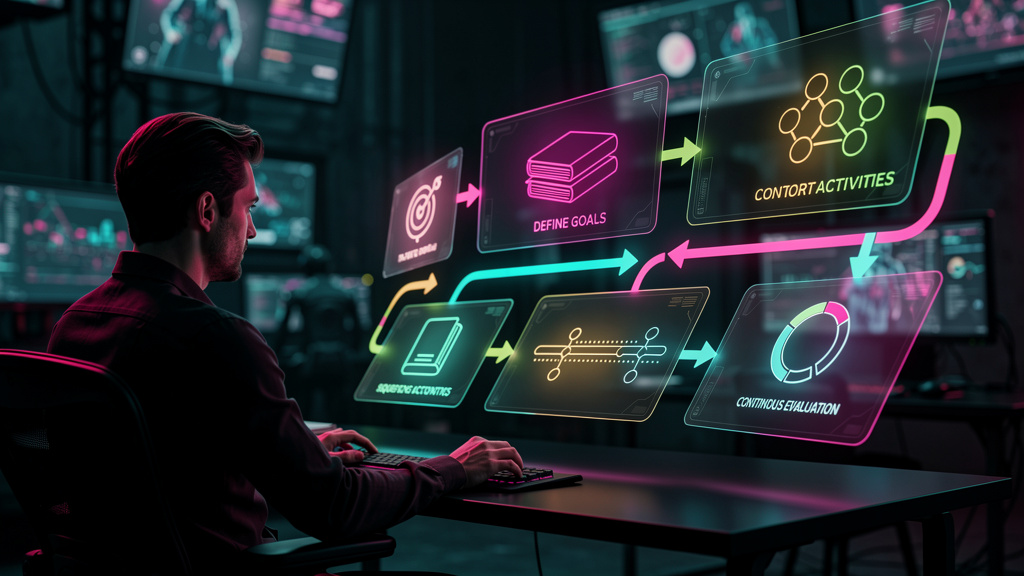 O que é Mapa de Aprendizado e como aplicar? — Um diagrama de fluxo moderno e elegante, com setas coloridas conectando caixas de texto que representam as etapas de um mapa de aprendizado: Definição de 