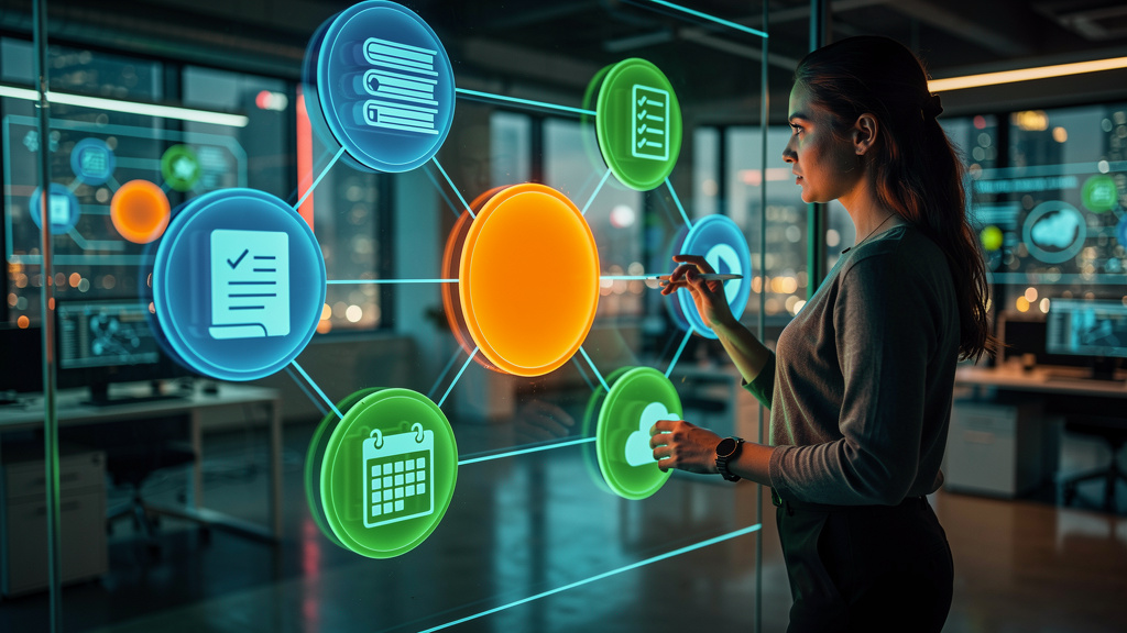 O que é Mapa de Aprendizado e como aplicar na Educação Corporativa/EAD? — Um diagrama visual que representa a estrutura de um mapa de aprendizado. No centro, um círculo grande rotulado 'Objetivo de Ap