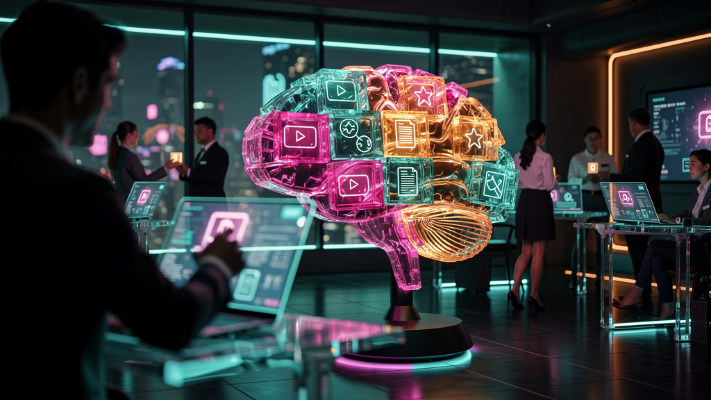 O que é Microlearning e como aplicar na Educação Corporativa — Ilustração digital de um cérebro humano estilizado, com pequenos blocos de informação (ícones representando vídeos, textos, quizzes) se e