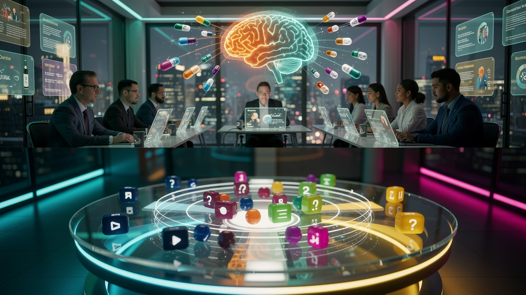 O que é Microlearning e como aplicar na Educação Corporativa — Um infográfico dividido em duas partes. Parte superior: Representação visual de um cérebro sendo alimentado por pequenos fragmentos de in