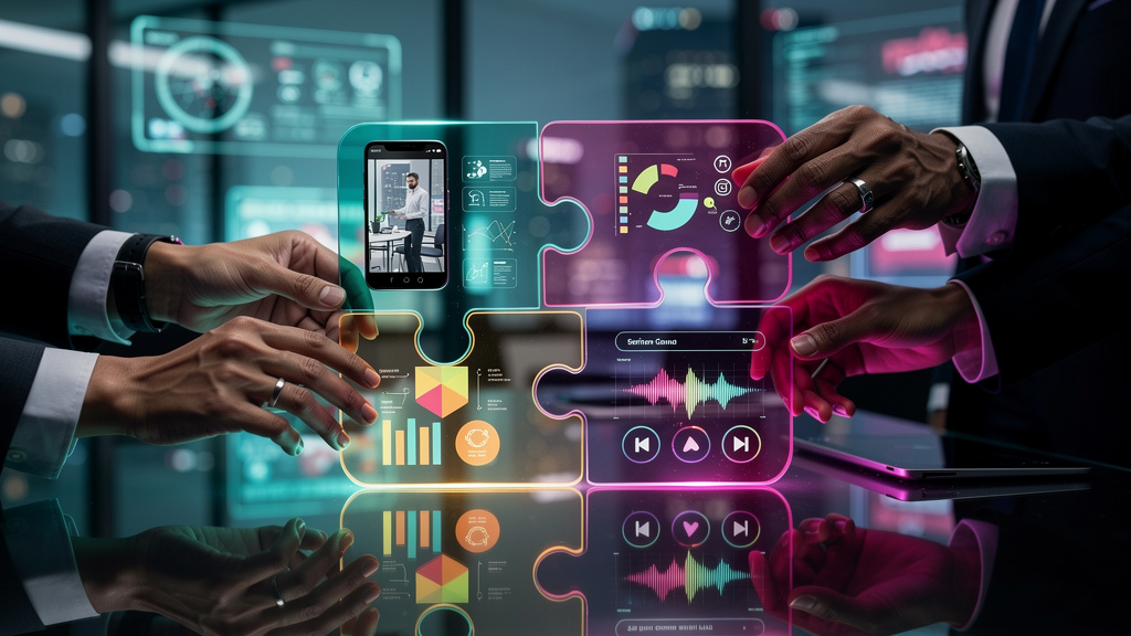 O que é Microlearning e como aplicar na Educação Corporativa — Um quebra-cabeça sendo montado, onde cada peça representa um formato de microlearning: vídeo curto, infográfico, quiz e áudio. As peças s