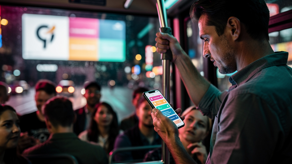 O que é Microlearning e como aplicar na Educação Corporativa/EAD — Uma pessoa usando um smartphone em um ônibus lotado, visualizando um módulo de microlearning sobre segurança cibernética. A tela do c