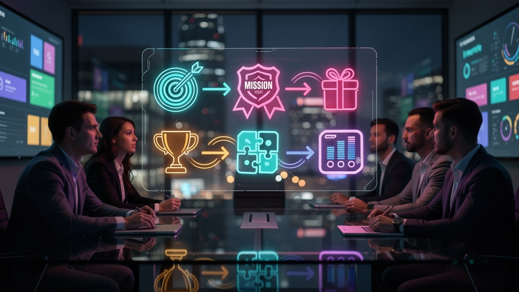 O que é Missões e Desafios e como aplicar na Educação Corporativa — Ilustração de um fluxograma com o título 'Implementação de Missões e Desafios'. O fluxograma começa com 'Definição dos Objetivos' e 