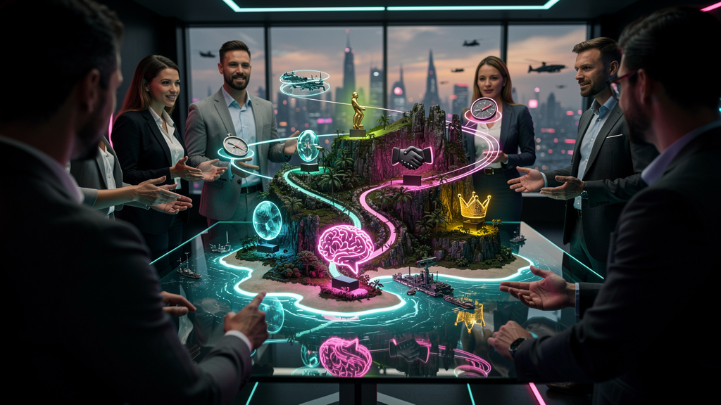 O que é Missões e Desafios e como aplicar na Educação Corporativa/EAD? — Ilustração de um mapa de uma ilha do tesouro estilizado, onde diferentes pontos do mapa representam 'missões' e 'desafios' em u