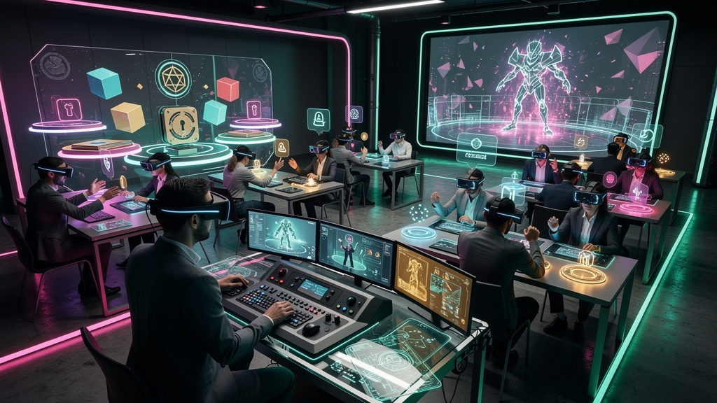 O que é Missões e Desafios e como aplicar na Educação Corporativa/EAD — Ilustração isométrica de uma sala de treinamento corporativo transformada em um cenário de videogame. Participantes usam óculos 