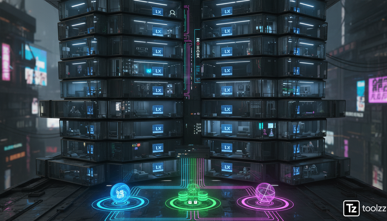 O que é Multi-tenant e como aplicar na Educação Corporativa — Diagrama infográfico dividido em duas partes (superior/inferior para carrossel). Parte superior: Representação visual de um prédio de apar
