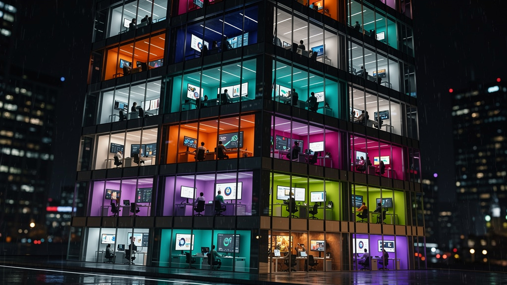 O que é Multi-tenant e como aplicar na Educação Corporativa — Ilustração de um prédio moderno de escritórios com diversas janelas iluminadas. Em cada janela, telas mostram diferentes interfaces de pla