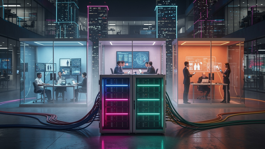 O que é Multi-tenant e como aplicar na Educação Corporativa — Um diagrama infográfico com o título 'Arquitetura Multi-tenant'. Na parte superior, um ícone central de um servidor robusto com vários cab