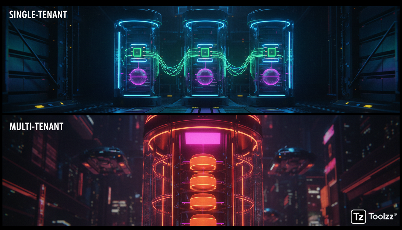 O que é Multi-tenant e como aplicar na Educação Corporativa — Um diagrama visual que compara a arquitetura de 'single-tenant' versus 'multi-tenant'. No lado 'single-tenant', mostre vários servidores i