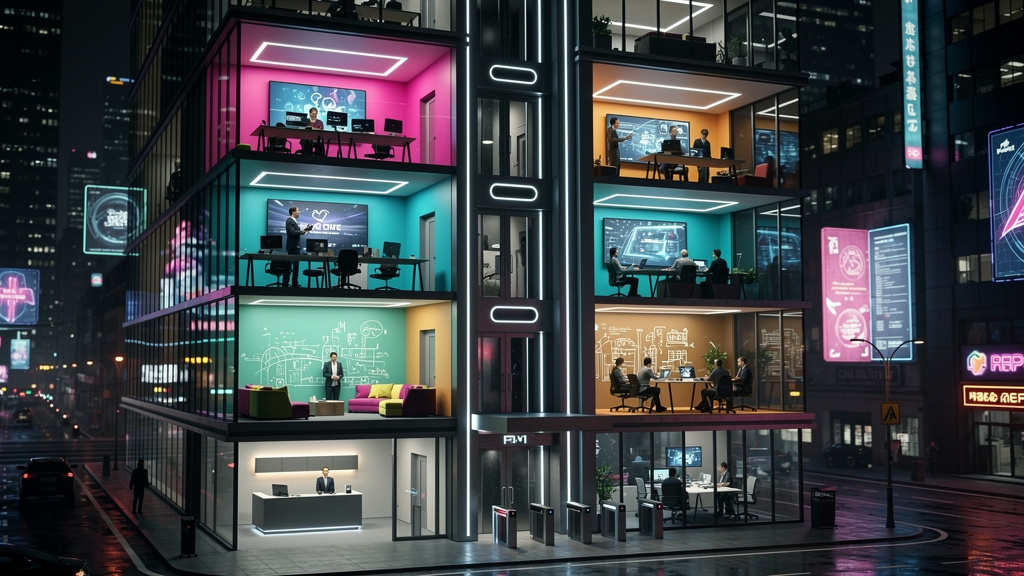 O que é Multi-tenant e como aplicar na Educação Corporativa — Um diagrama visual que representa um prédio de escritórios com múltiplos andares. Cada andar representa um 'inquilino' (empresa), com seu 