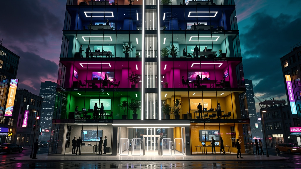 O que é Multi-tenant e como aplicar na Educação Corporativa — Uma representação visual de um prédio de escritórios moderno com vários andares. Cada andar representa uma empresa diferente, com seus pró