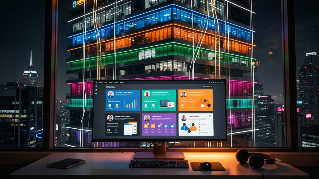 O que é Multi-Tenant e como aplicar na Educação Corporativa/EAD — Um diagrama infográfico dividido em duas partes (superior e inferior para carrossel). Parte superior: Um prédio de escritórios estiliz