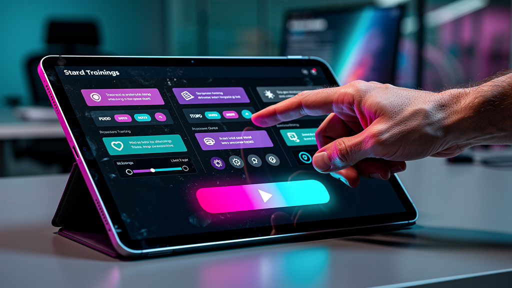 O que é PDF Interativo e como aplicar na Educação Corporativa — Close-up de uma mão clicando em um botão 'Iniciar Quiz' dentro de um PDF interativo exibido em um tablet. O design do PDF é limpo e mode