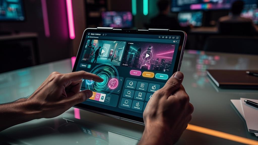 O que é PDF Interativo e como aplicar na Educação Corporativa — Um close-up de um tablet mostrando um PDF interativo com botões clicáveis, vídeos incorporados e um quiz interativo. Uma mão toca em um 