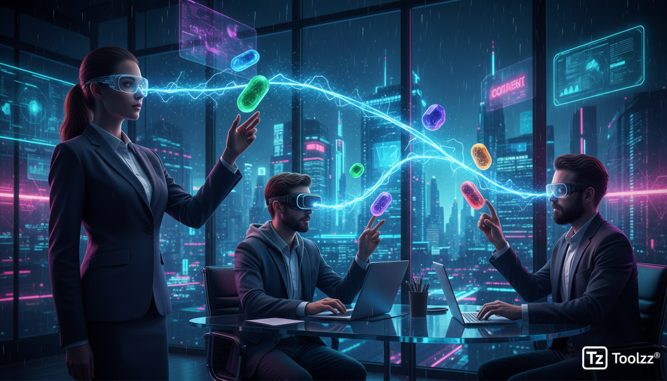 O que é Pílulas de Conteúdo e como aplicar na Educação Corporativa — Illustration of a diverse group of professionals (office workers, remote workers) connected by lines representing information flow.