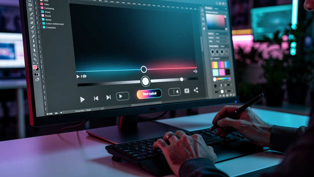 O que é Player Customizado e como aplicar na Educação Corporativa? — Close-up detalhado das mãos de um designer de UI/UX trabalhando em uma interface de player de vídeo customizado em um software de d