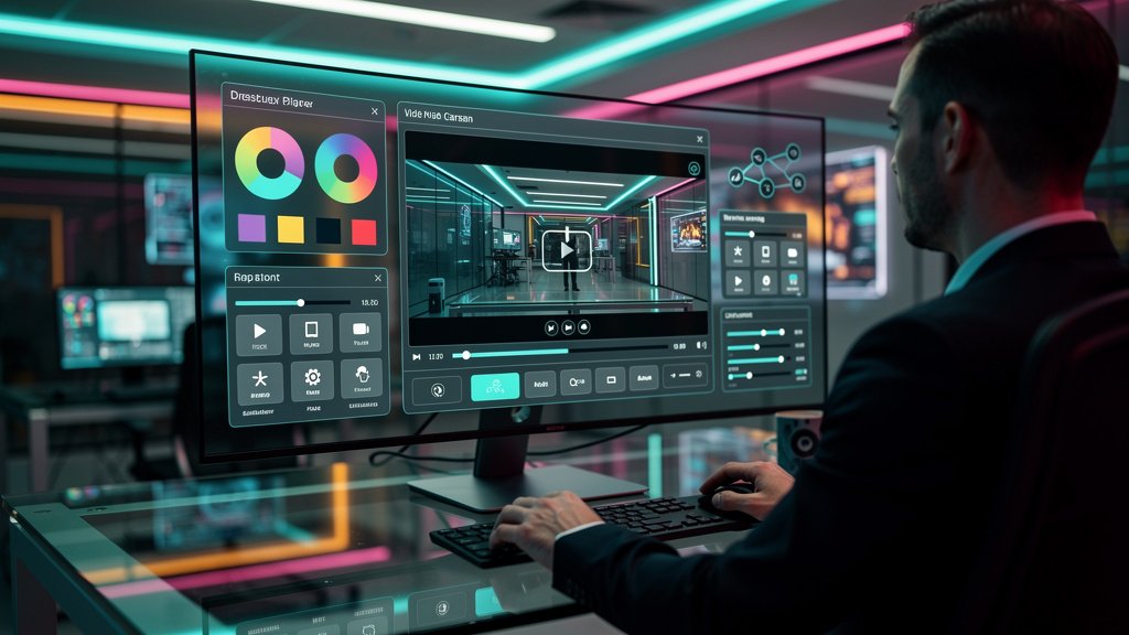 O que é Player Customizado e como aplicar na Educação Corporativa? — Ilustração digital de um painel de controle de software com diversas opções de personalização de um player de vídeo. Cores vibrante