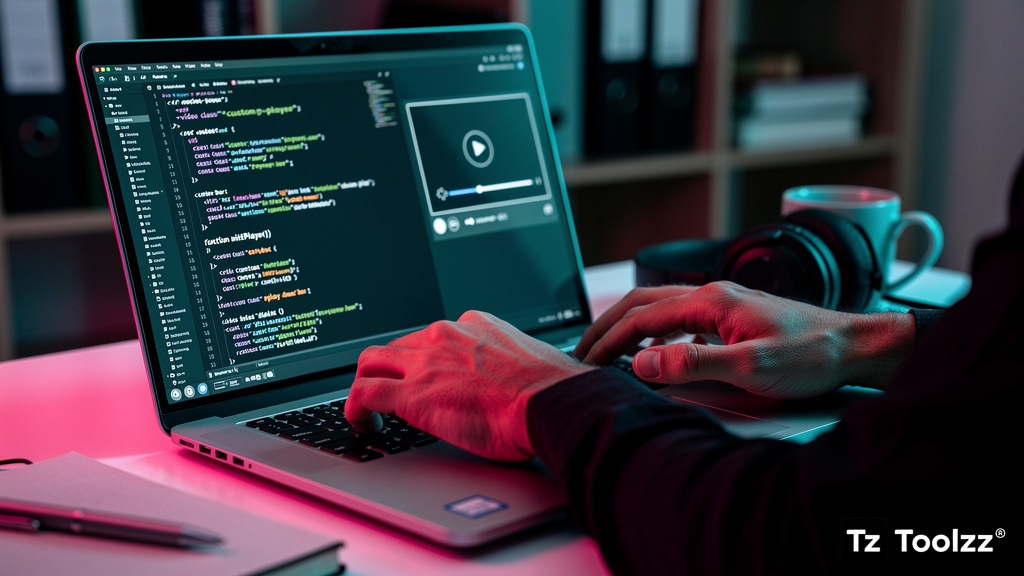 O que é Player Customizado e como aplicar na Educação Corporativa/EAD? — Um close-up das mãos de um designer de UI/UX trabalhando em uma interface de player de vídeo customizado em um laptop. A tela d