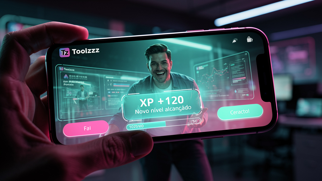 O que é Pontos de XP e Como Aplicar na Educação Corporativa/EAD? — Um close-up de um personagem de videogame (avatar) sorrindo ao receber uma notificação de XP em seu dispositivo móvel. A notificação 