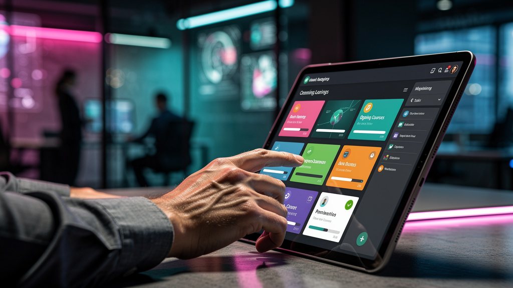 O que é Portal do Aluno e como aplicar na Educação Corporativa — Um close-up das mãos de um funcionário usando um tablet para acessar um portal do aluno com a interface da Toolzz LXP. A tela do tablet