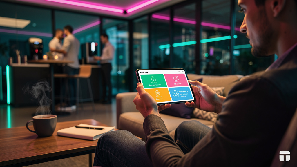 O que é Portal do Aluno e como aplicar na Educação Corporativa — Um colaborador acessando o Portal do Aluno em seu smartphone durante uma pausa para o café em um ambiente de trabalho moderno e descont